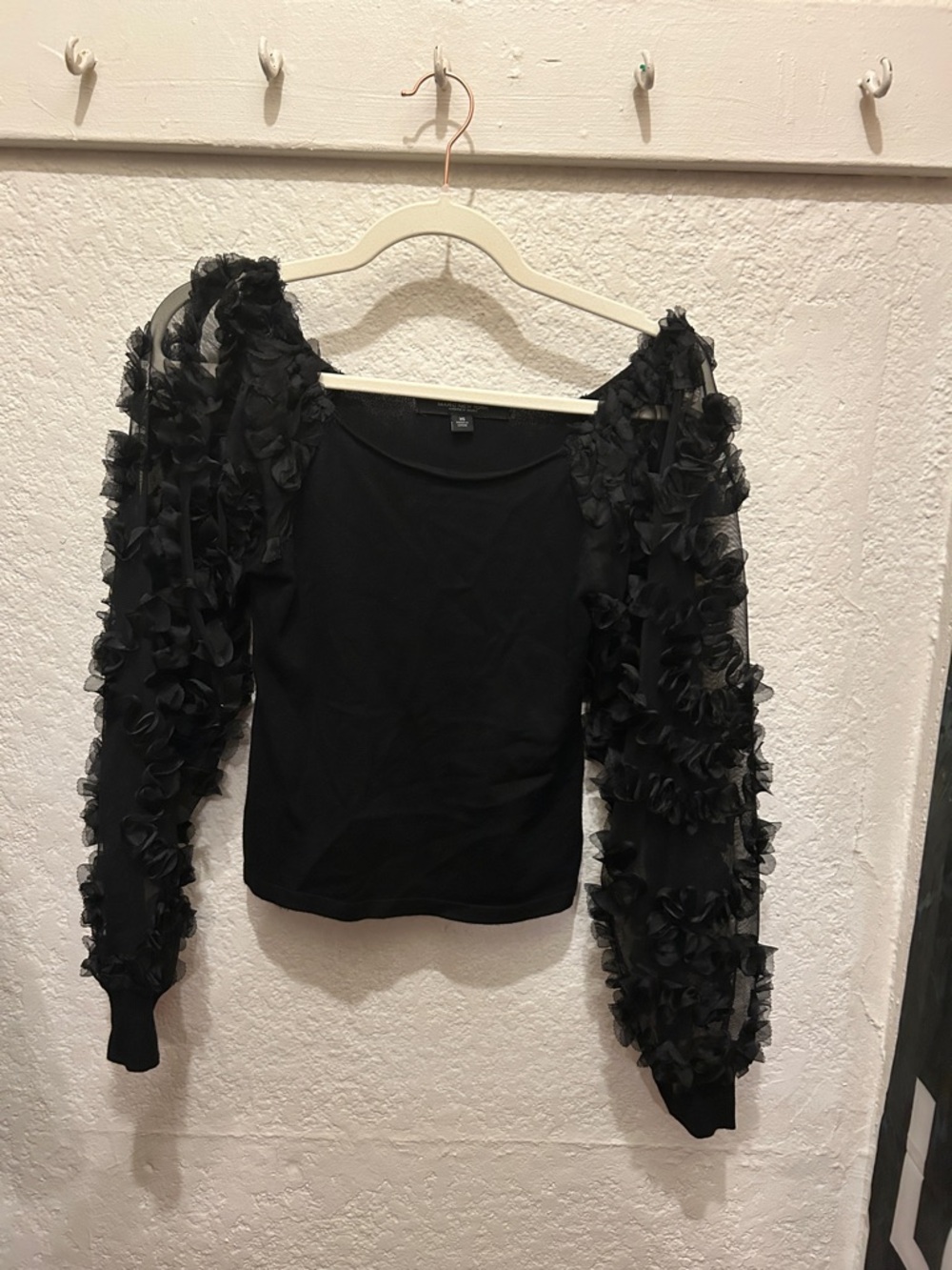 Marc New York Black Ruffle Mesh Sleeve Blouse